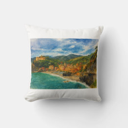 Italian Positano Coastal Village Watercolor Art Throw Pillow