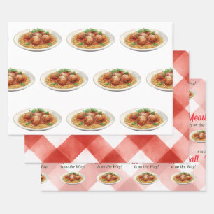 Italian Red Gingham Meatball Pasta Baby Shower Wrapping Paper Sheets