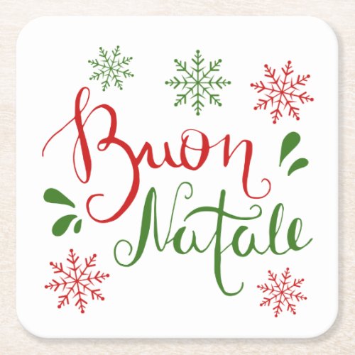 Italian Red Green Merry Christmas Square Paper Coaster