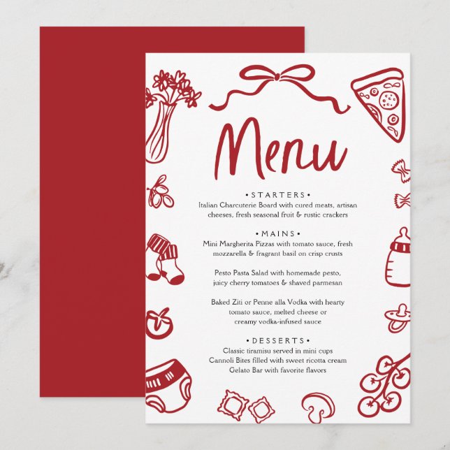 Italian Red Hand Drawn Pizza Pasta Baby Shower Menu (Front/Back)