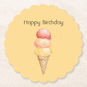 Italian Red Yellow Gelato Ice Cream Cone Birthday Paper Coaster