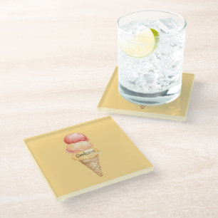 Italian Red Yellow Gelato Ice Cream Cone Glass Coaster