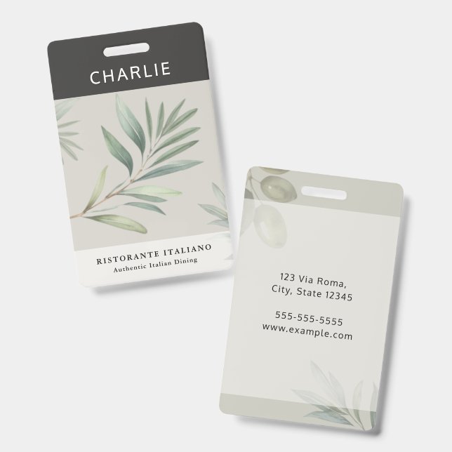 Italian Restaurant Olive Leaf Staff Name Badge (Front & Back)