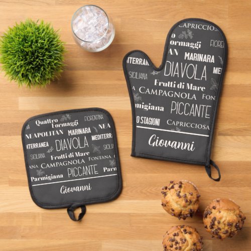 Italian Restaurant Pizza Names Chef Oven Mitt  Pot Holder Set