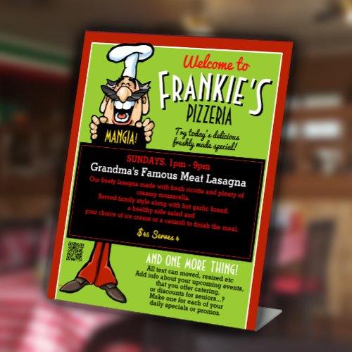 Italian Restaurant Pizzeria Fun Menu Board Promo Pedestal Sign