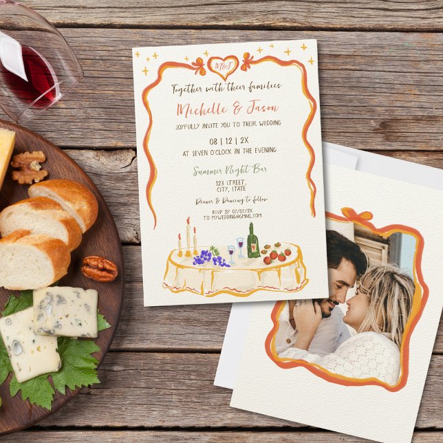 Italian Retro Whimsical Fun Hand Drawn Bow Photo Invitation (ITALIAN  country dinner wedding hand drawn colorful )