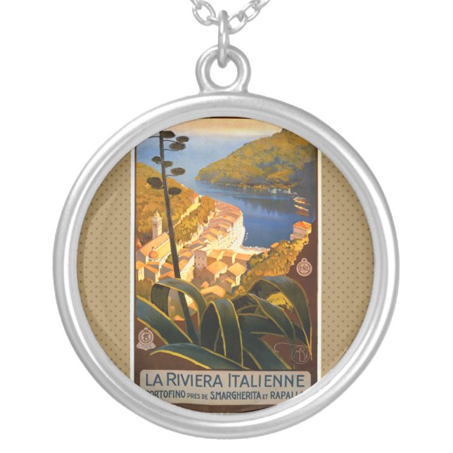 Italian Riviera Europe Italy Travel Poster Silver Plated Necklace (Front)