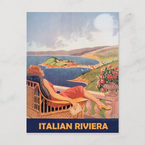 Italian riviera woman on hotel terrace vintage postcard