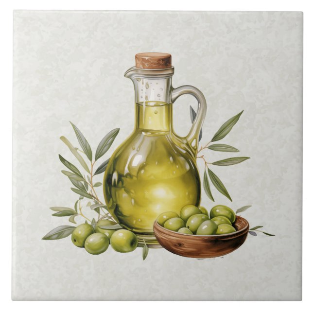 Italian Rustic Tuscany Olive Oil Bottle Watercolor Ceramic Tile (Front)