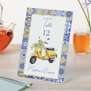 Italian Scooter Blue Tiles Lemons Table Number Pedestal Sign