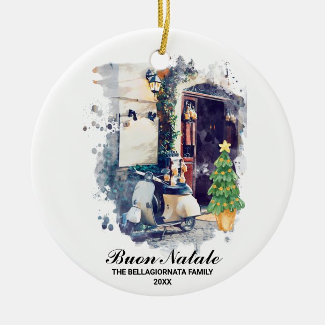 *~* Italian Scooter Buon Natale Photo Christmas Ceramic Ornament (Front)