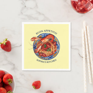 Italian Seafood Lobster Pasta, Sicilian Maiolica Napkins