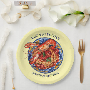 Italian Seafood Lobster Pasta, Sicilian Maiolica Paper Plates