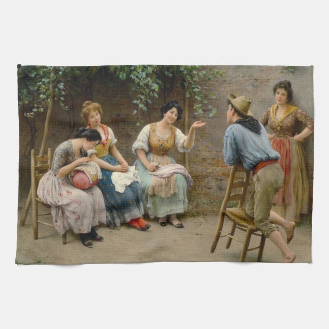 Italian Seamstresses and a Boy Having a Good Chat Kitchen Towel (Horizontal)