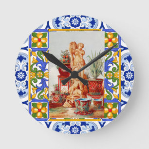 Italian,Sicilian art,maiolica,tiles,baroque art  Round Clock