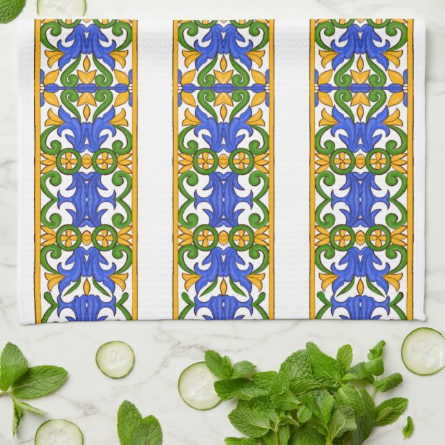 Italian,Sicilian art,majolica pattern   Kitchen Towel (Folded)