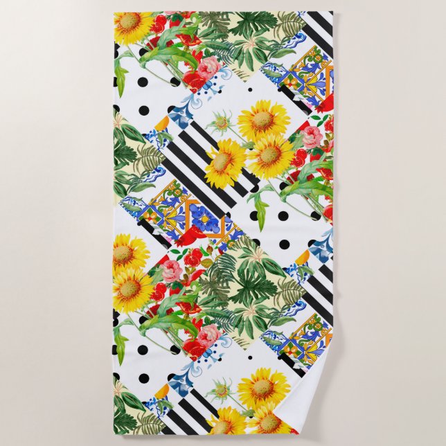 Italian,Sicilian art,patchwork,summer Flowers     Beach Towel (Front)