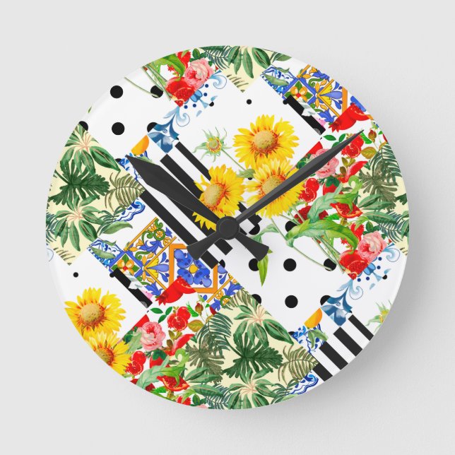 Italian,Sicilian art,patchwork,summer Flowers    Round Clock (Front)