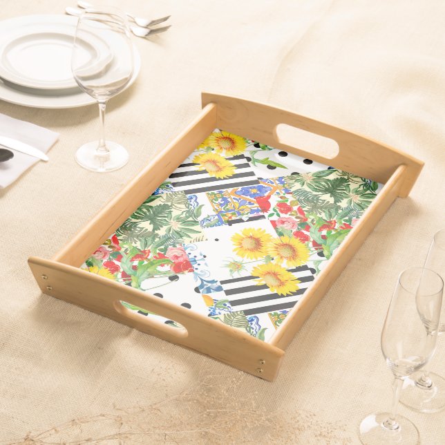 Italian,Sicilian art,patchwork,summer Flowers    Serving Tray (Front)
