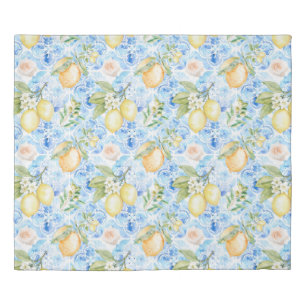 Italian Sicilian Blue Tile Yellow Lemon Watercolor Duvet Cover