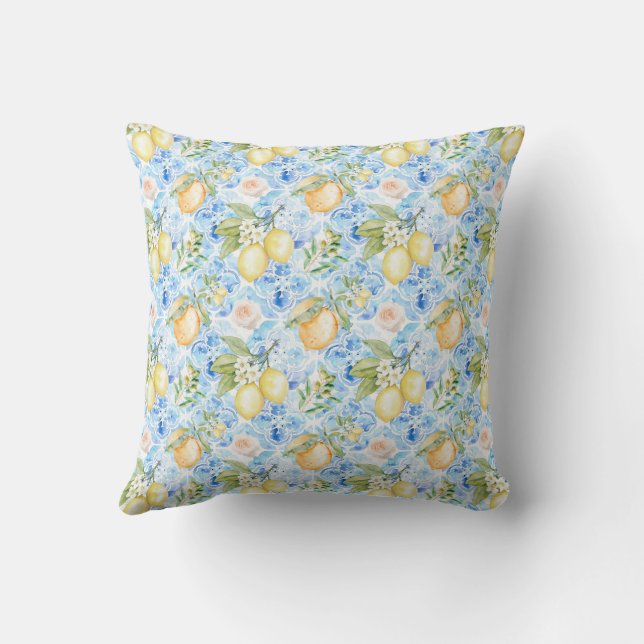 Italian Sicilian Blue Tile Yellow Lemon Watercolor Throw Pillow (Back)