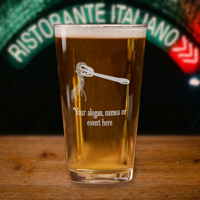 Italian spaghetti pasta on fork: your choice text  pint glass (Creator Uploaded)