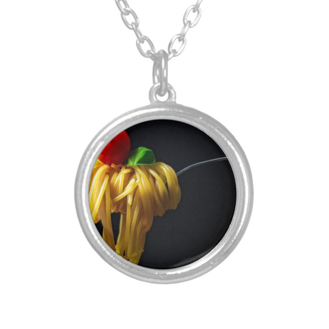 Italian Spaghetti Pasta Tomato Noodle Silver Plated Necklace (Front)