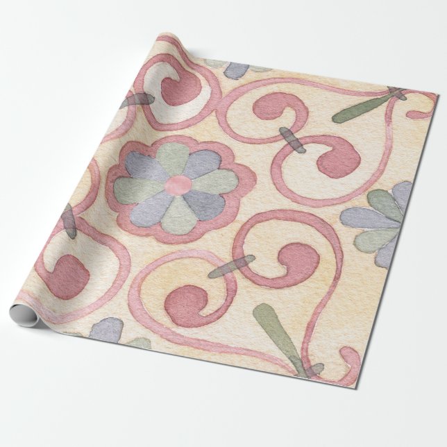 Italian Spanish Majolica Pink Floral Decoupage Wrapping Paper (Unrolled)