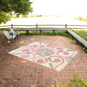 Italian Spanish Majolica Pink Floral Patio Outdoor Rug