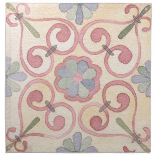 Italian Spanish Majolica Pink Floral Watercolor  Cloth Napkin