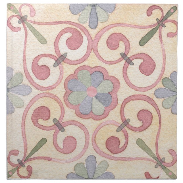 Italian Spanish Majolica Pink Floral Watercolor  Cloth Napkin (Front)