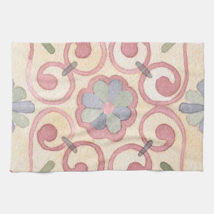 Italian Spanish Majolica Pink Floral Watercolor Kitchen Towel