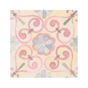 Italian Spanish Majolica Pink Floral Watercolor Metal Print