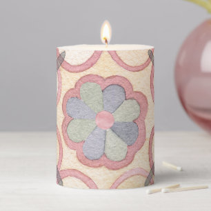 Italian Spanish Majolica Pink Floral Watercolor Pillar Candle