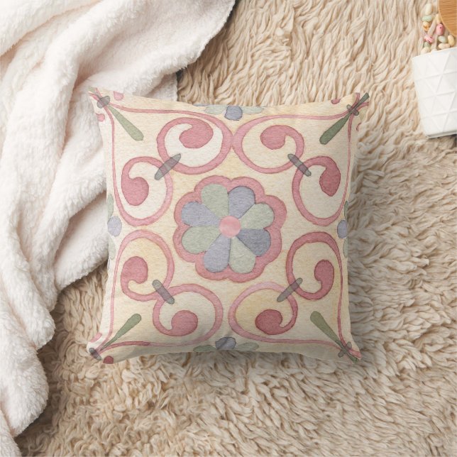 Italian Spanish Majolica Pink Floral Watercolor  Throw Pillow (Blanket)