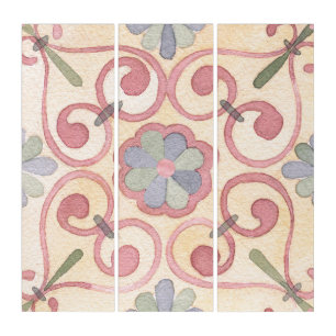 Italian Spanish Majolica Pink Floral Watercolor Triptych