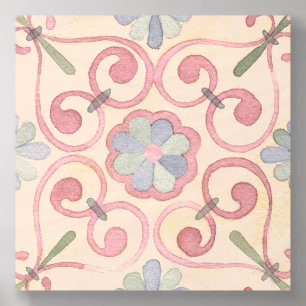 Italian Spanish Majolica Pink Floral Watercolor Wood Photo Tile