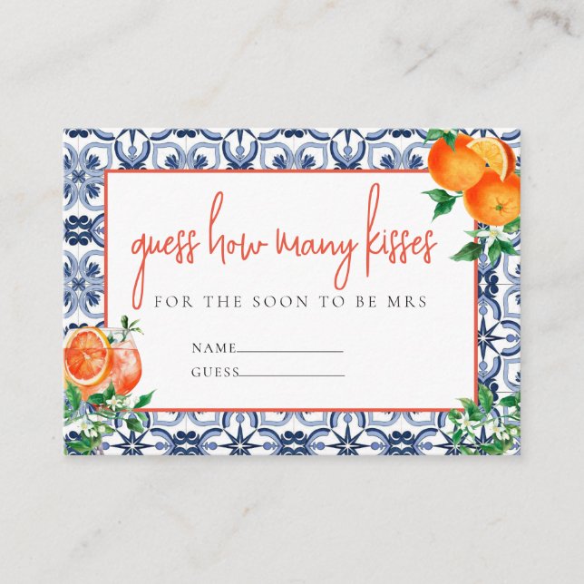 Italian Spritz How Many Kisses Shower Game Answer  Enclosure Card (Front)