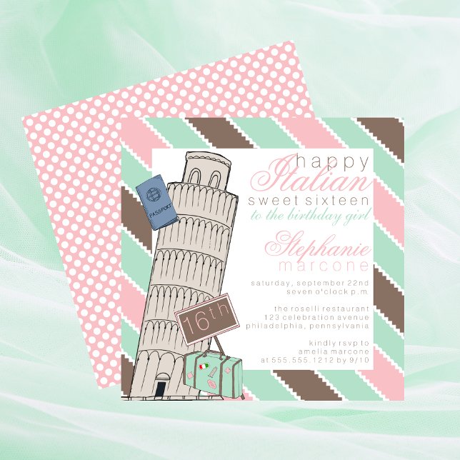 Italian Spumoni Leaning Tower Sweet 16 Birthday Invitation (Italian Spumoni Leaning Tower of Pisa Sweet 16 Travel Destination Birthday Invitation)