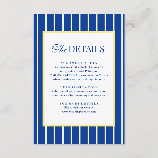 Italian Striped Blue & Yellow Wedding Details Enclosure Card (Front)