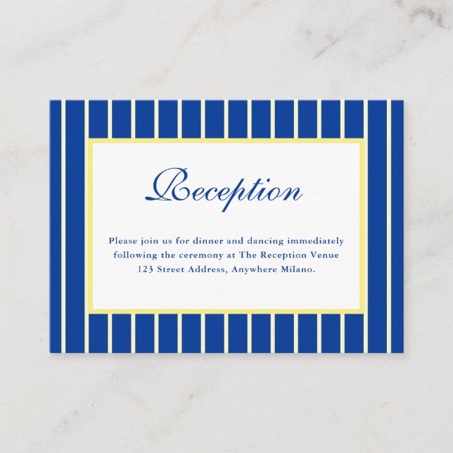 Italian Striped Blue & Yellow Wedding Reception Enclosure Card (Front)