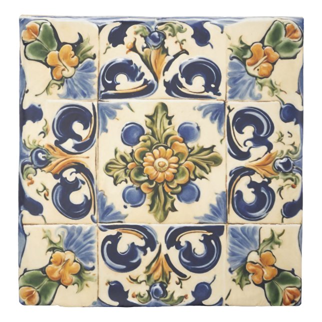 Italian Style, Majolica, Floral, Tile Duvet Cover (Front)