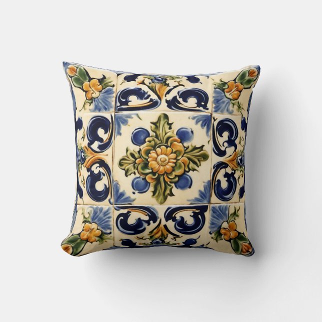 Italian Style, Majolica, Floral, Tile Throw Pillow (Front)