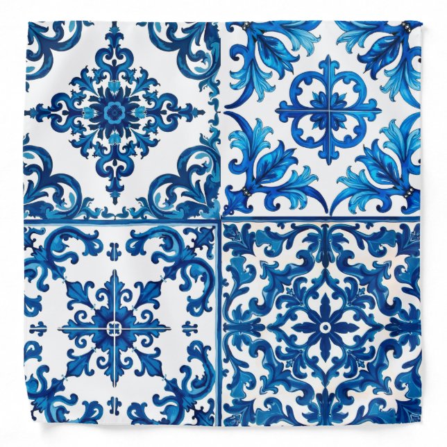 Italian style,Mediterranean,mosaic,blue, Bandana (Front)