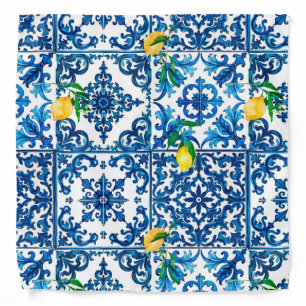 Italian style,Mediterranean,mosaic,blue,lemon, Bandana