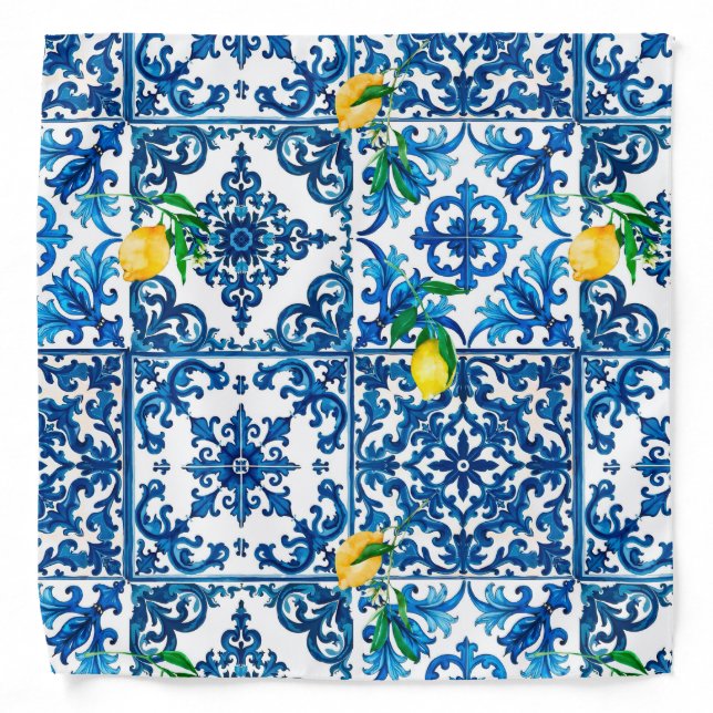 Italian style,Mediterranean,mosaic,blue,lemon, Bandana (Front)