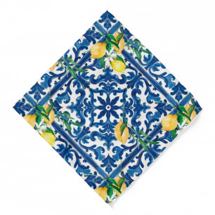 Italian style,Mediterranean,mosaic,blue,lemon, Bandana
