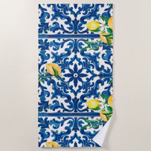 Italian style,Mediterranean,mosaic,blue,lemon, Beach Towel