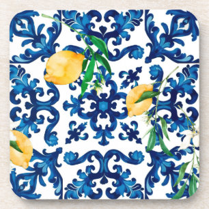 Italian style,Mediterranean,mosaic,blue,lemon, Beverage Coaster