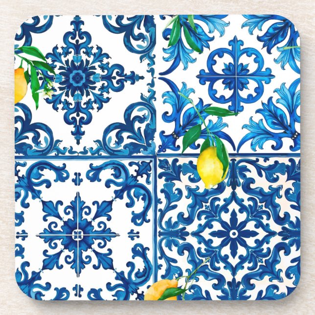 Italian style,Mediterranean,mosaic,blue,lemon, Beverage Coaster (Front)